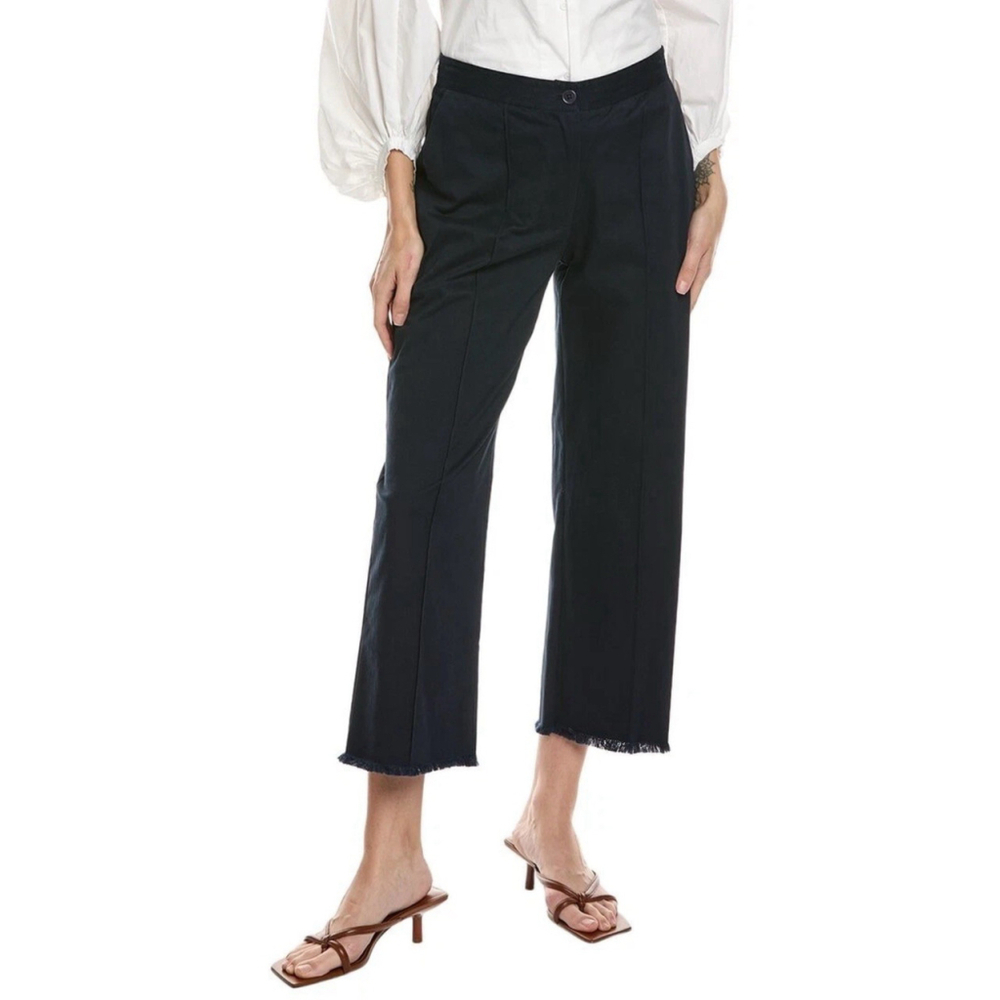 Merlette Minn Pant Womens Navy Twill Front Seam Fringe Raw Hem 10 Straight Crop
